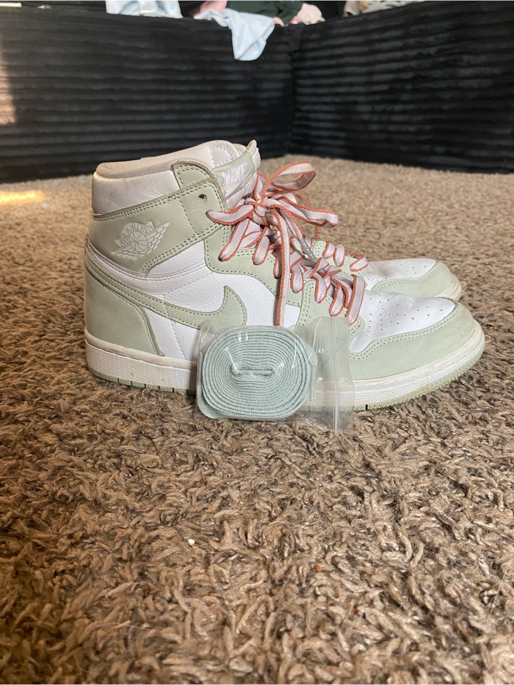 Nike High-Top Sneakers - White & Pale Green with Pink Laces